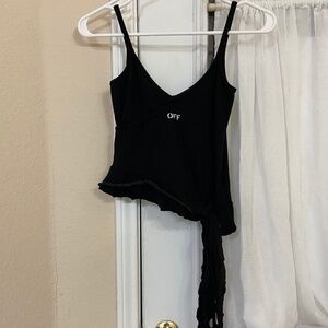 OFF-WHITE Black Spaghetti Strap Cropped Top Cotton Elastane Frayed Hem and Tie